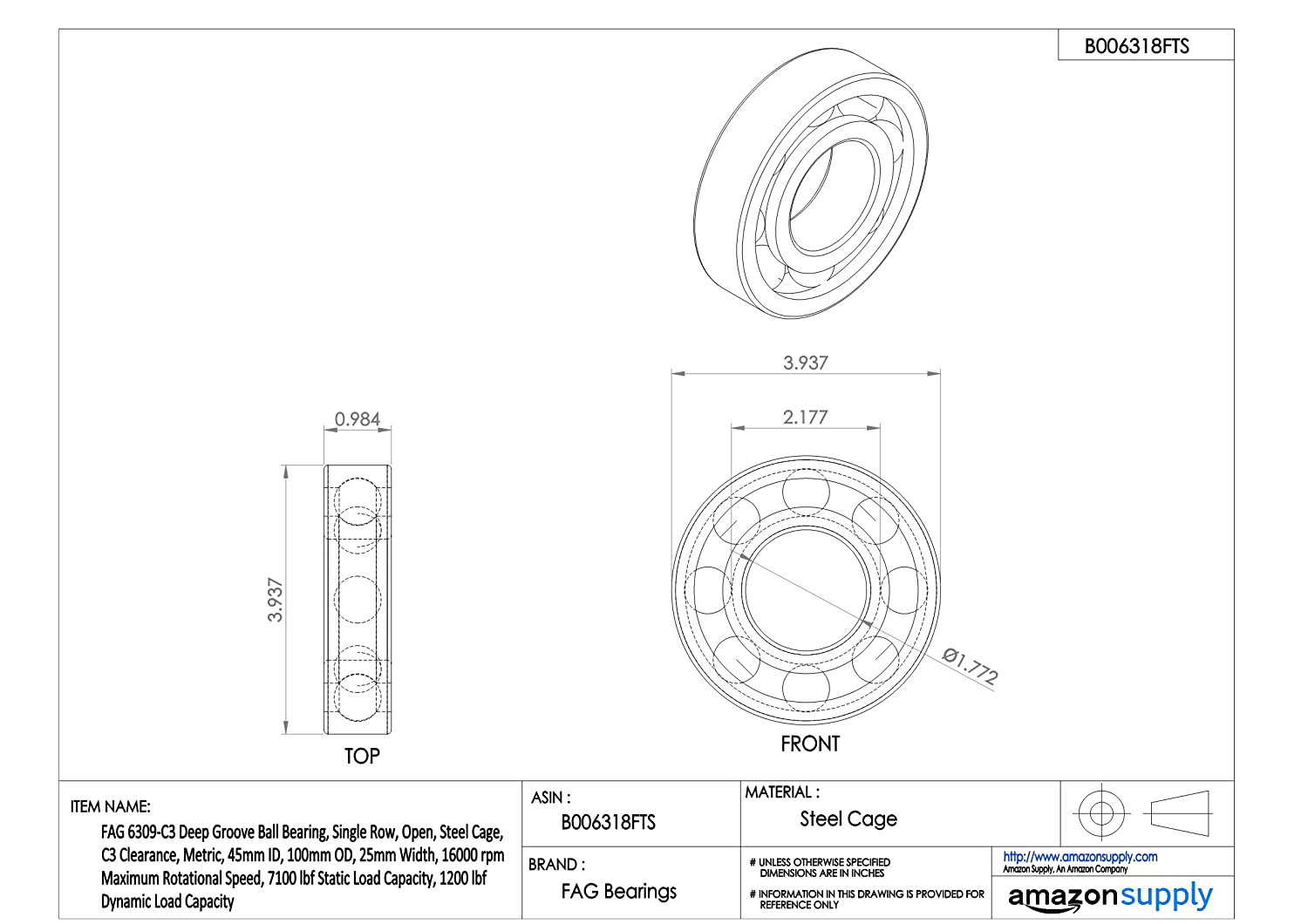 FAG 6309-C3 Deep Groove Ball Bearing